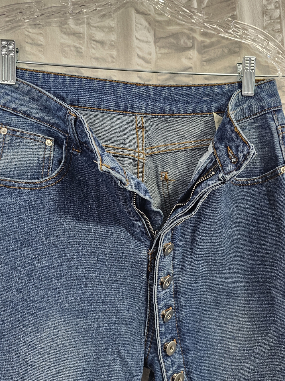 Dark Blue High Rise Boho Button-Front Flare Jeans With Button Details - Picture 6 of 15